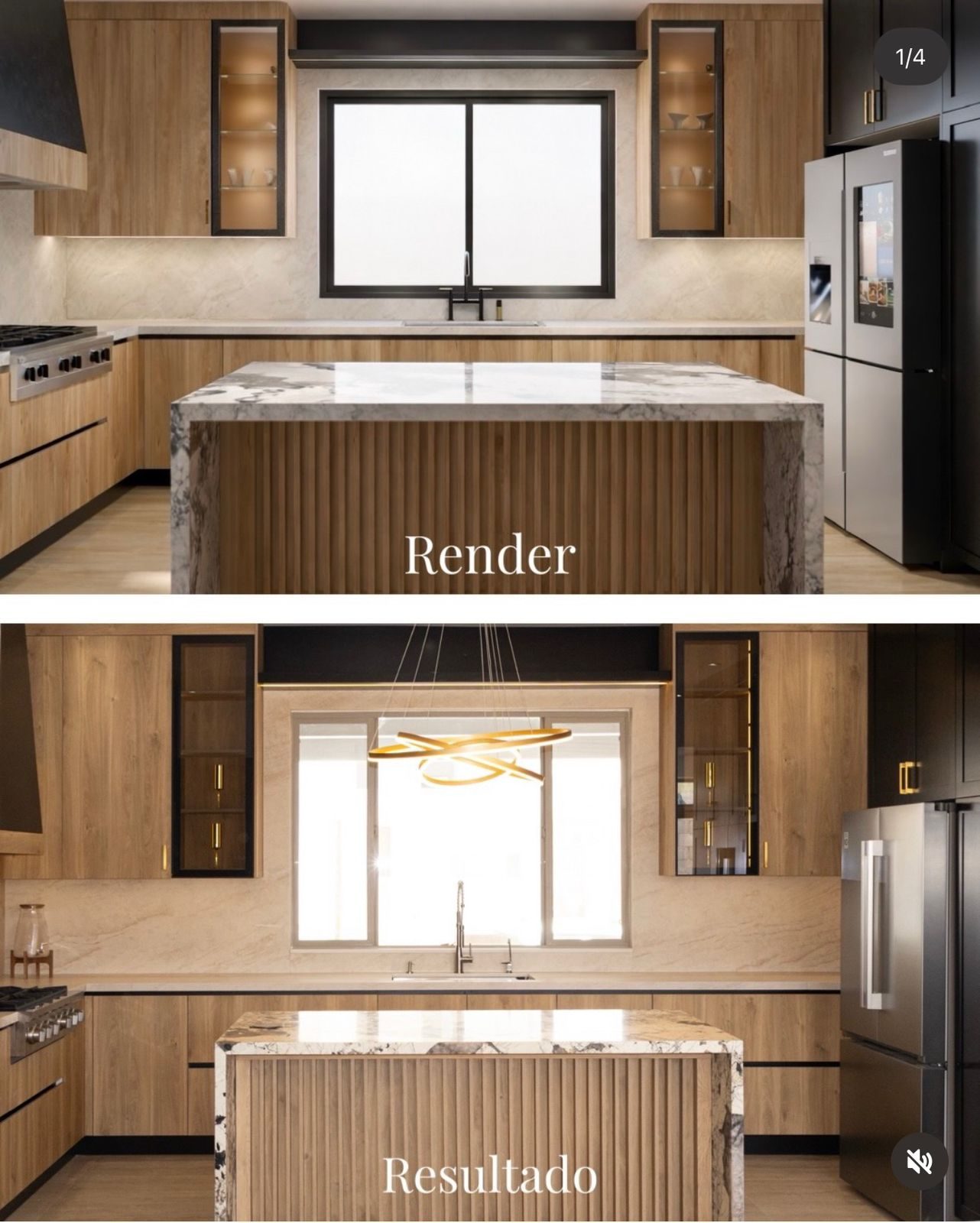 Comparación entre el render aprobado y la cocina Corderosa ya instalada